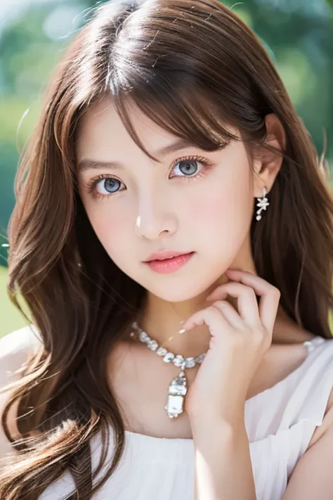  girl, delicate and innocent, look rich, cute, rich girl, pale white skin, long dark hair, beauty, wearing brandname pink dress, wearing expensive jewelry, big blue eyes