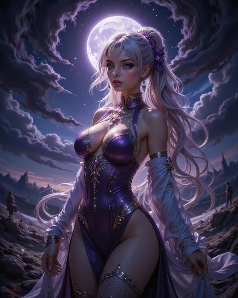  with a 4K anime style ，Capture the essence of a noble water mage ， with long hair in a ponytail ，Deep purple eyes ， wearing a white and purple dress ， standing on a battlefield under a shining moon， showing firm elegance and royal power 。