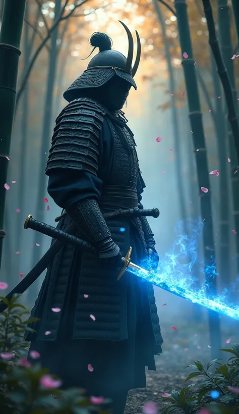 A mystical samurai warrior standing in a bamboo forest at twilight, his katana glowing with ethereal blue flames, cherry blossom petals floating in the air