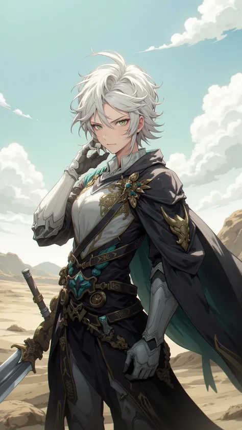  A high-quality 4K anime-style digital drawing ， showing a strong-willed 、 energetic magical knight 。 Character with short and messy silver-white hair ， Bright green eyes full of fiery determination ， dressed in black clothing and dressed in a sleeveless b...