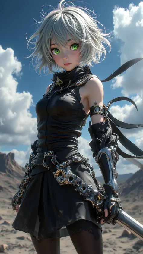  A high-quality 4K anime-style digital drawing ， showing a strong-willed 、 energetic magical knight 。 Character with short and messy silver-white hair ， Bright green eyes full of fiery determination ， dressed in black clothing and dressed in a sleeveless b...