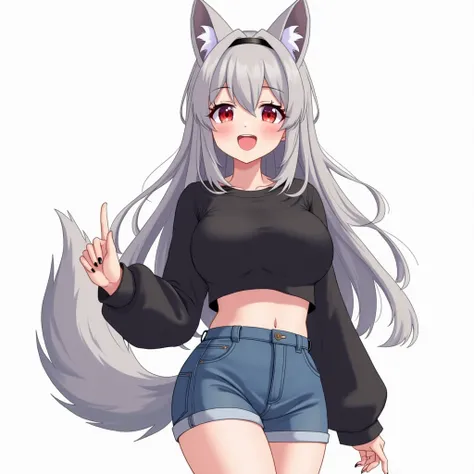 1 female, solo, high quality, highly detailed, long grey hair, grey wolf ears, grey wolf tail, red eyes, eyelashes, blushing, full body picture, anime artstyle, large breasts, long sleeve black crop top, blue denim shorts, happy expression, mouth open, bla...