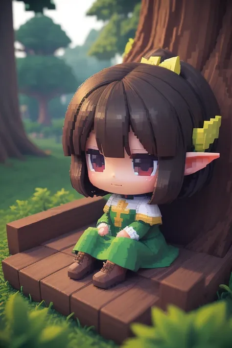 voxels,(3d big pixel art:1.2),(3d pixel art:1.2),solo,1girl\(elf,chibi,cute,kawaii,small ,hair floating,dark skin,breast,sitting on the tree,smirk\),(3d pixel art). BREAK .background\(simple,cute,dark,trees\)