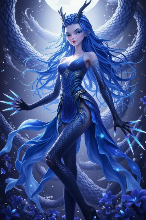 Dragon Girl,  is unique， blue hair, 