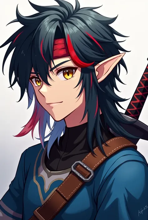 Legend of Zelda Link face, male, anime, soft anime, Golden eyes, Solid Snake-inspired Mullet hairstyle, dual colored blue-black hair of medium length with a single left-swept red highlight on his bang along with vibrant red undertones in the hair, black ja...