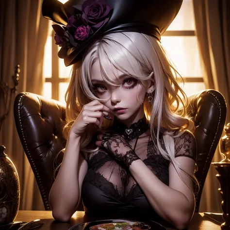 a close up of a person sitting on a table with a voodoo doll, alice in wonderland cyberpunk, goth clown girl, portrait of jinx from arcane, ever after high, alice x. zhang, shalltear from overlord, creepy clown girl, high detailed official artwork, like al...