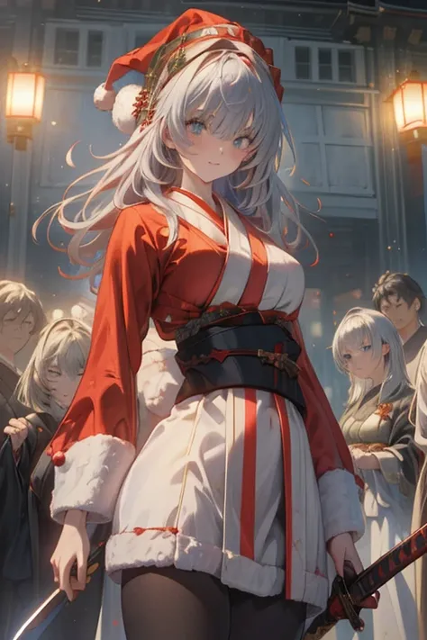 (from below:1.2),((1girl, silver hair, long hair, qutel blue eyes, beautiful eyes, pretty smile:1.5, ), (santa clothes, santa hat, black tights, santa boots), (((holding ominous japanese sword:1.3 ))), ((battlescene,slashilg,killing the mafia,blood splash)...