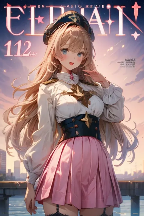 Adult Woman,  Lori face, (masutepiece:1.2, Best Quality), (finely detailed beautiful eye: 1.2), (beautifull detailed face), (perky chest:1.2), (pointed chest:1.1), (captain magazine cover:1.5)，Long dark blonde wavy hair、her thin pubic hair, White and pink ...