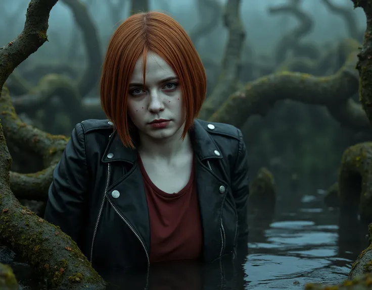 A pale white skin natural texture, fragile thin aged femme with copper bob-cut, dressed in fitted mud covered leather biker jacket and t-shirt. natural skin texture. Her melancholic expression betrays quiet surrender as she sinks into a dark, churning bog ...