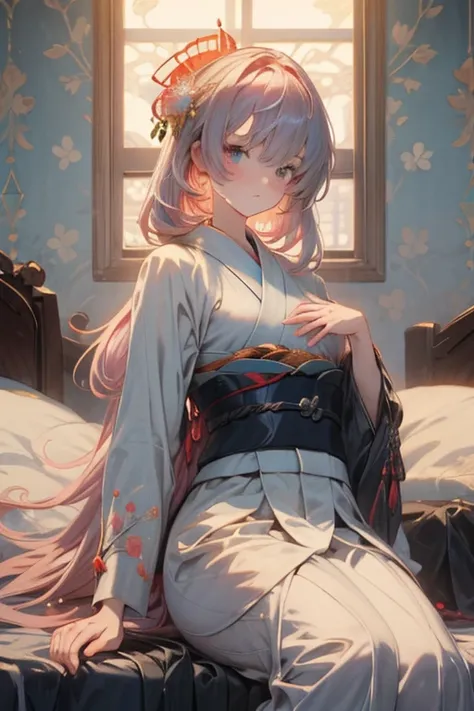 (from below:1.3,Best Quality),a girl ,kimono uniform:1.5 ,platinum color hair,Purplish  blue eyes that dreamers desire, small stature, medium tits , Lori face, (masutepiece:1.2, Best Quality), (finely detailed beautiful eye: 1.2), (beautifull detailed face...