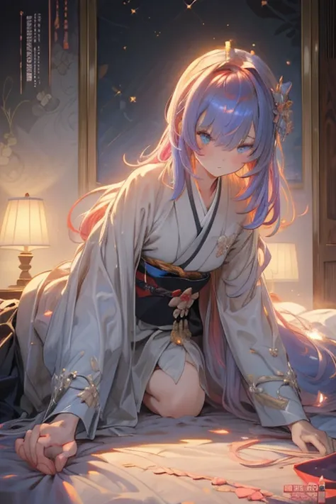 (from below:1.3,Best Quality),a girl ,kimono uniform:1.5 ,platinum color hair,Purplish  blue eyes that dreamers desire, small stature, medium tits , Lori face, (masutepiece:1.2, Best Quality), (finely detailed beautiful eye: 1.2), (beautifull detailed face...