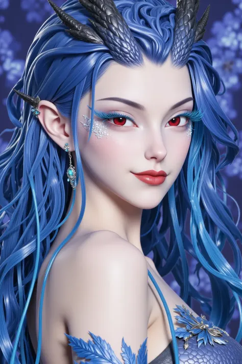 Close-up of a woman with blue hair and horns,  red eyes， game characters，ig model | Artistic Germ, extremely detailed Artistic Germ, trending Artistic Germ, style Artistic Germ, Artistic Germ lau, Artistic Germ style, Artistic Germ. high detail, as seen on...