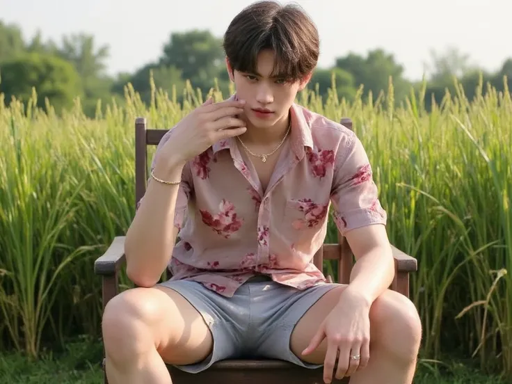 1boy,best quality,masterpiece,realistic,highres,absurdres,Photographic,realistic,transparent shirt,floral shirt,transparent floral shorts,outdoor background,bokeh,BIG ,natural light,bright light,rice field background,gold jewelry,sitting_on_chair,