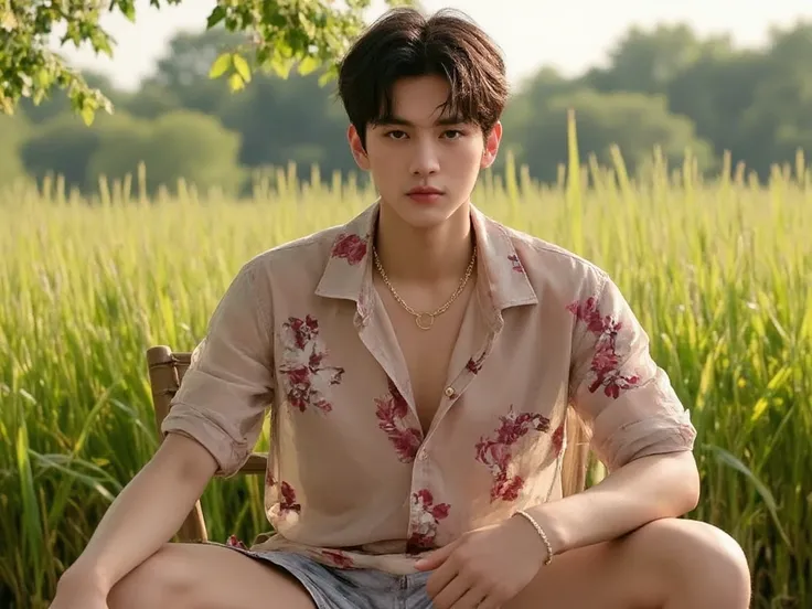 1boy,best quality,masterpiece,realistic,highres,absurdres,Photographic,realistic,transparent shirt,floral shirt,transparent floral shorts,outdoor background,bokeh,BIG ,natural light,bright light,rice field background,gold jewelry,sitting_on_chair,