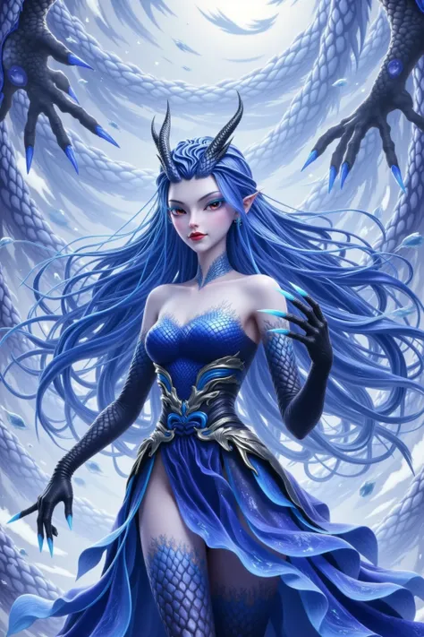 Anime Characters，Dragon Girl，blue hair and horns,  Yang Jie's digital art ,  ArtStation trend ,  fantastic art , ig model | Artistic Germ, extremely detailed Artistic Germ, trending Artistic Germ, style Artistic Germ, Artistic Germ lau, Artistic Germ style...