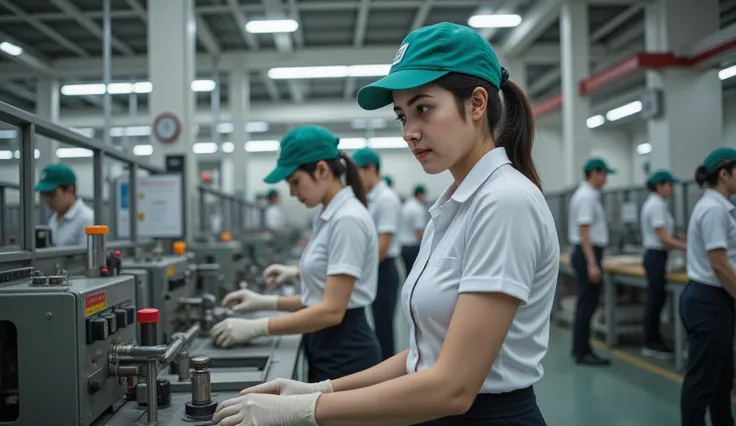 A woman is seen working in a plastic factory, and there are many workers around, all dressed in the same uniform,