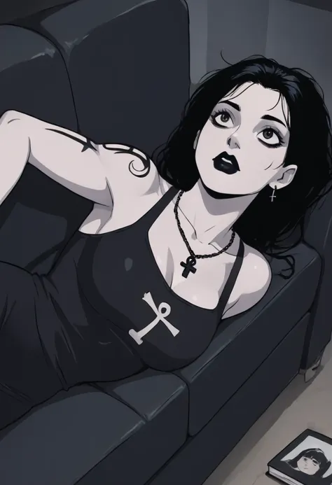 a very white goth woman with pale skin ,  medium short and messy black hair wearing a black tank top and ankh necklace, black lips and eyes ,  lying on a couch , On the spectator's side,  tattoos looking up,  empty white comic book style 