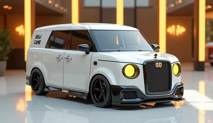 create an ultra-detailed 3D render straight side view, of a Classic ( Suzuki bolan van)with a bold design captured from straight side view. The car should feature a 'Gleamy  white ' color with a (Bolan )' logo on its side, a large white detailed grille lik...