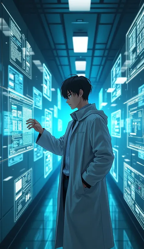  young anime scientist surrounded by floating holographic screens , Surrounded by floating holographic screens ,  High concentration ,  dynamic pose, Futuristic lab settings.Detective, male