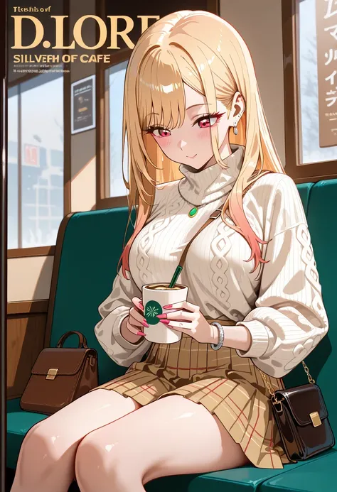 Marin Kitagawa, sitting at a cozy indoor café booth, body angled diagonally away from the camera, sipping her caramel latte through a straw, looking gently down at the cup, long loose blonde hair softly framing her face, light pink ombre hair, red eyes, ea...