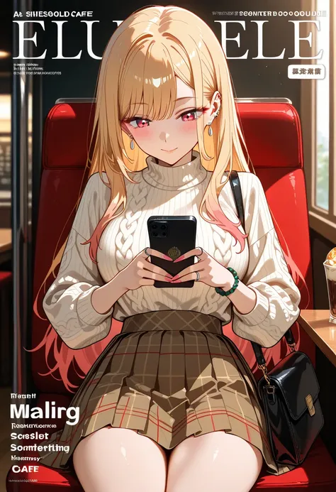 Marin Kitagawa, sitting at a polished indoor café table, leaning back softly against the seat with her body angled away from the camera, absorbed in reading something on her smartphone, looking down at the screen with a calm focus, long wavy blonde hair so...