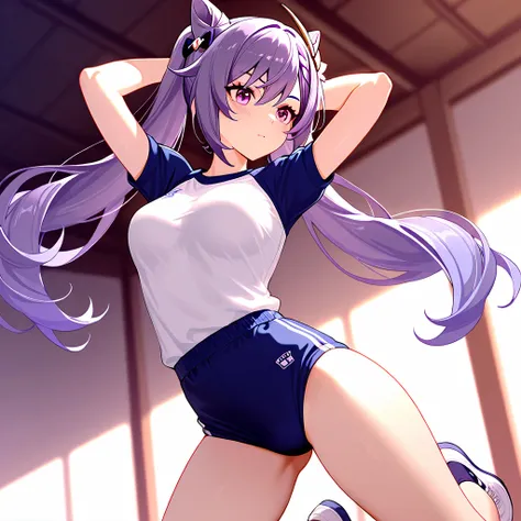 8k,masterpiece, best quality, ultra detailed, high resolution, super fine illustration,Keqing (Genshin impact), 1girl, solo,purple eyes, purple hair, cone hair bun, double bun, braided bangs, long hair, medium breasts, gym uniform, thighs , jumping hardl,