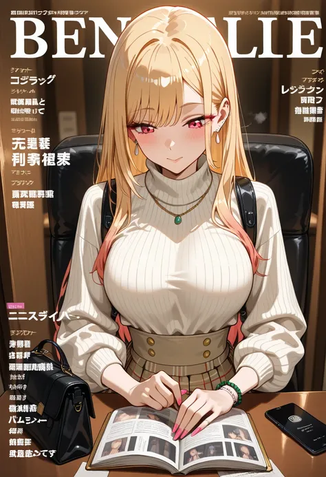 Marin Kitagawa, seated at an indoor café booth, just setting her phone down on the table with one hand, letting out a small sigh of relief, body angled diagonally from the camera, looking down at the phone with a relaxed, neutral face, long loose blonde ha...