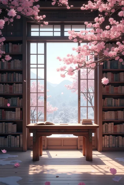    Vue de face d'une bibliothèque Jamonaise avec de nombreux livres anciens avec un bureau japonais,fleurs de cerisier roses avec neige, un paysage enneigé en fond