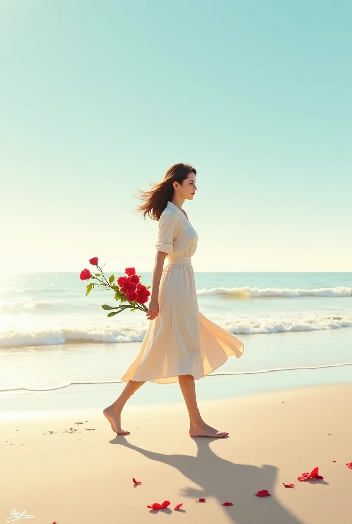 Clear face Beautiful yang woman' is walking on the sea beach with a purpose red rose 