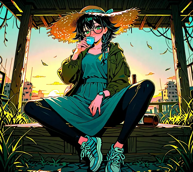 (masterpiece,very awa,very aesthetic),perfect anatomy,(solo,1girl),25yo,slender,tall,medium hair,black hair,natural wave hair,flipped hair,dark green eyes,comfortable,glasses,(straw hat with leaf color ribbon:1.2),carrying a aqua blue rucksack, (maxi lengt...