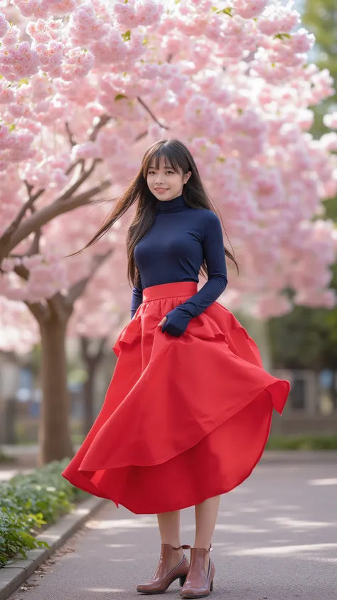  A woman in her 20s posing on a street tree in the spring where the cherry blossom blizzard dances 、 wearing a navy blue turtleneck that fits the body, a red circular long skirt, and high heels、 has long hair fluttering in the wind and looks at me with a b...