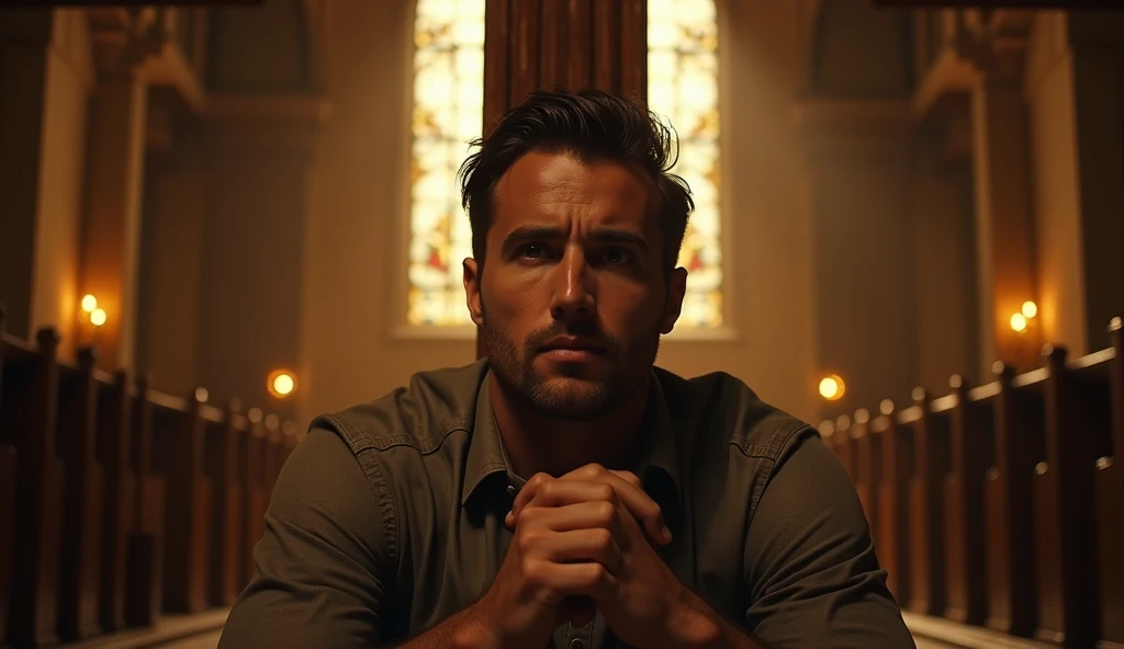 Subject: A handsome man with chiseled features and deep, expressive eyes, kneeling before a massive wooden cross inside a church. His fingers are interlocked, his gaze lifted slightly in desperation.
Composition: Mid-shot, slightly low angle, making him ap...