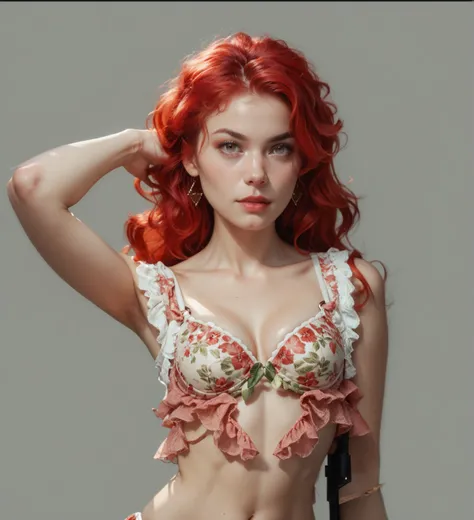 Realistic beauty, the combination of red and green, sexy, bold and confident, but also delicate, wavy red-haired girl, Unreal Engine, special tailoring, tense dynamics, and the action of raising one hand. Bikini, underwear design