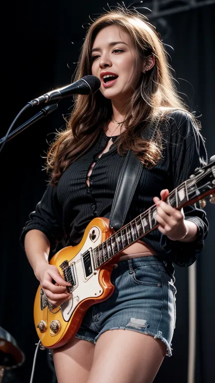 (1girl, solo, (20years old ):1.0), motorhead, lemmy kilmister, heavy metal musician, best detail, best proportion, best anatomy, best face, best shaped breasts, very big breasts, big ass, (tall girl), (black long hair), ((female musician with Les Paul elec...