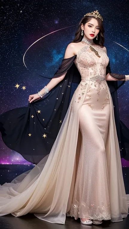 27歳のwoman1人, ( full body shot）、1  constellation goddess from the future, goddess of the pink and purple 12  constellations, the goddess of the  constellation in a yellow ao dai, a 12  constellation ao dai with many black lace detail, mythology Goddess of t...