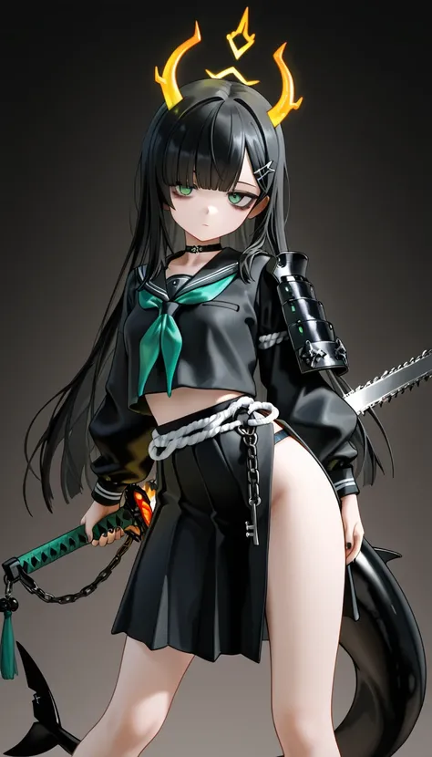 1girl, green eyes, Goat's eye, Black Hair (green gradient), blunt bangs, black shark tail, small Breast, choker, bare legs, foot, black nails, masterpiece, best quality, Perfect details, perfect composition, absurdres, newest, very aesthetic, amazing quali...