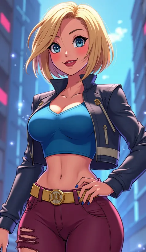 (Close up), ((Kara from DC Super Hero Girls 2019)), short blonde hair, Kara is an attractive, fair-skinned age Kryptonian with a muscular-yet-curvaceous figure, and short blonde hair with paler-colored streaks, cut into a messily  -styled bob cut with an u...