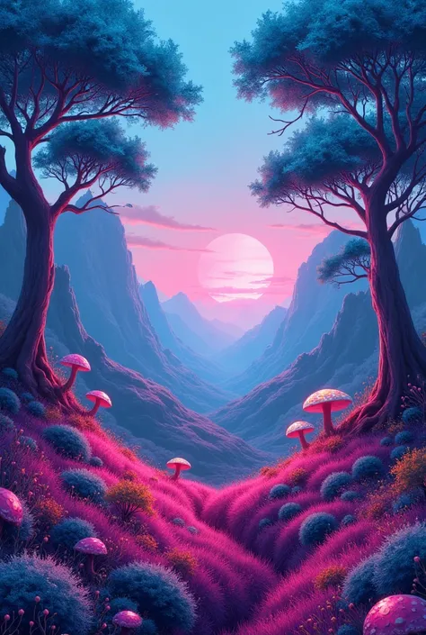 

A bright, colorful landscape with unrealistic but bold colors (e.g., a blue tree or red grass).