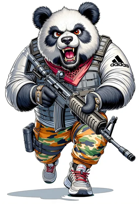 Create a colorful bold line vector illustration of A fierce and muscular panda bear dressed in a tactical outfit, featuring an American flag and an Adidas logo. The panda has an intense expression, showcasing sharp teeth and wide eyes. It is holding a mode...