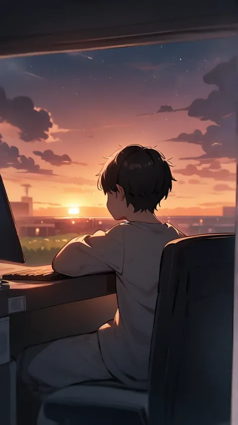 Boy on a gaming PC a little sad and watching the sunrise