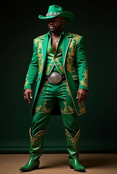 Okay, here are the simplified prompts again, but with the added instruction to show the boots:

Prompt 1 (Detailed Outfit, Showing Boots):

A Black man in an emerald green suede cowboy outfit. Gold embroidery on the jacket and chaps. Green snakeskin boots ...