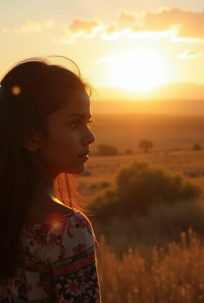 A picture of a dark haired mexican girl looking out on the early morning country side with the morning sunshinewith Happy belated Birthday Hailey!! May God bless you always. Writtin somewhere on the card.