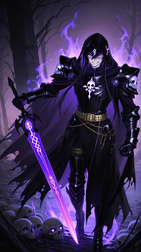 Character Focus: (Solo 1boy)
A hauntingly necromancer with lunatic, purple eyes (void/symbol-shaped pupils), pale skin, and a manic grin. Long black hair cascades over a black hooded mourner’s robe adorned with skull-patterned pauldrons, tarnished gold bel...