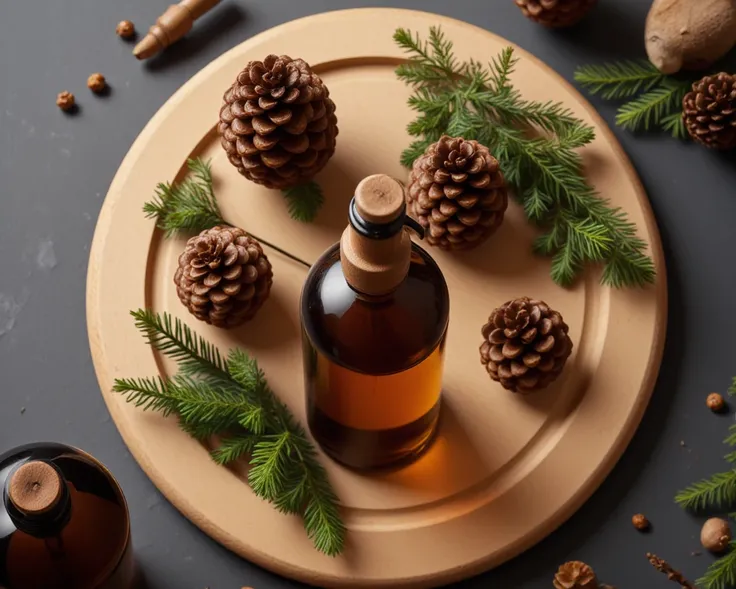 A high-angle, overhead, hyperrealistic image of a round wooden platter featuring a amber glass bottle with a wooden pump top, surrounded by pine cones, evergreen sprigs, and a hint of a second bottle. The wooden platter is light brown with a natural wood g...