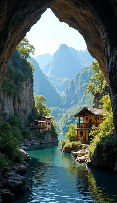 Inside a deep dark cave there is a small village by the river, mountains in the background, floral flowers colorful,Beautiful natural landscapes, atmospheric lighting, warm colours, practical, photopractical, Detailed Foliage, complex buildings, cobbleston...