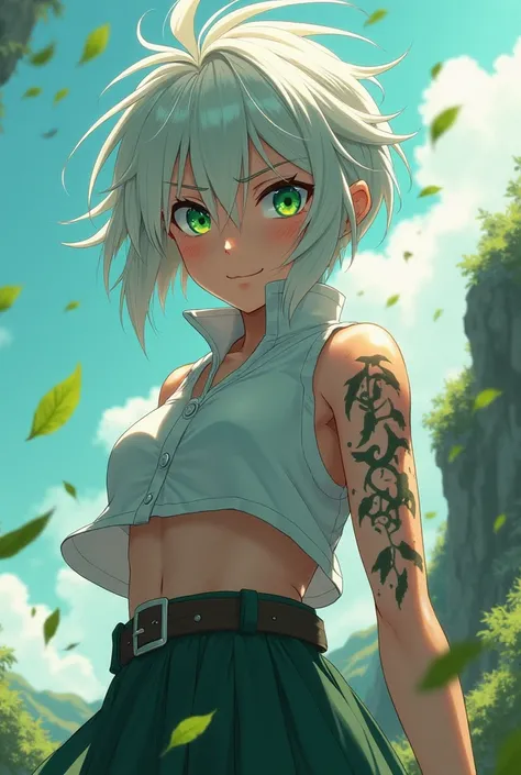 "4K anime style quality, digital drawing mode, a fierce and scarred female Wind Hashira with short white hair spiked upward, piercing green eyes, and a rebellious smirk, wearing Sanemi’s sleeveless uniform revealing scars across her torso, glowing with win...