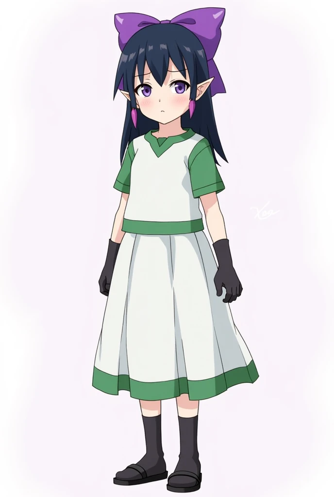  Boruto Shippuden   , , eyes, eleven ,    Dark Green  ,  wearing a white knee-length skirt and a white t-shirt with green borders , purple color ,   with black gloves ,  pele white , , black sandal,  hair with loose bangs  ,  dark blue color with faint pin...