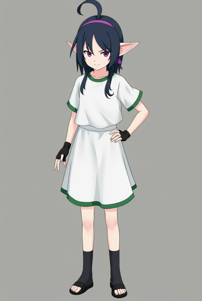  Boruto Shippuden   , , eyes, eleven ,    Dark Green  ,  wearing a white knee-length skirt and a white t-shirt with green borders , purple color ,   with black gloves ,  pele white , , black sandal,  hair with loose bangs  ,  dark blue color with faint pin...