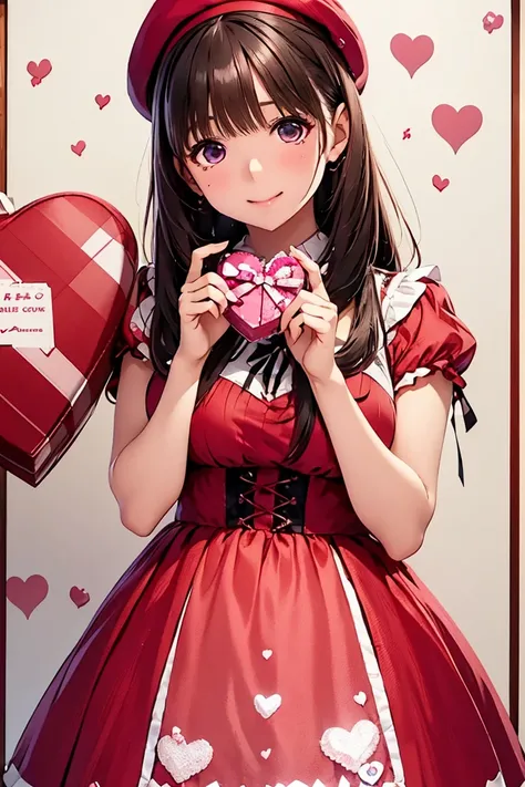 Nene Kasaki々, Shortcut,Glittering Brown Hair , detailed brown eyes , excellent proportions,   pink and brown checkered dress  , beret,   contains a box of chocolates for Valentine's Day,   neon colored hearts on the background  ,  ribbon similar to a gift ...