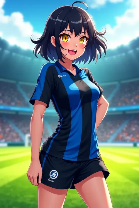 "4K anime style quality, digital drawing mode, an eccentric and lively soccer player with shoulder-length wavy black hair streaked with yellow, bright golden eyes filled with mischief, and a toned physique, wearing Blue Lock’s black and blue uniform styled...